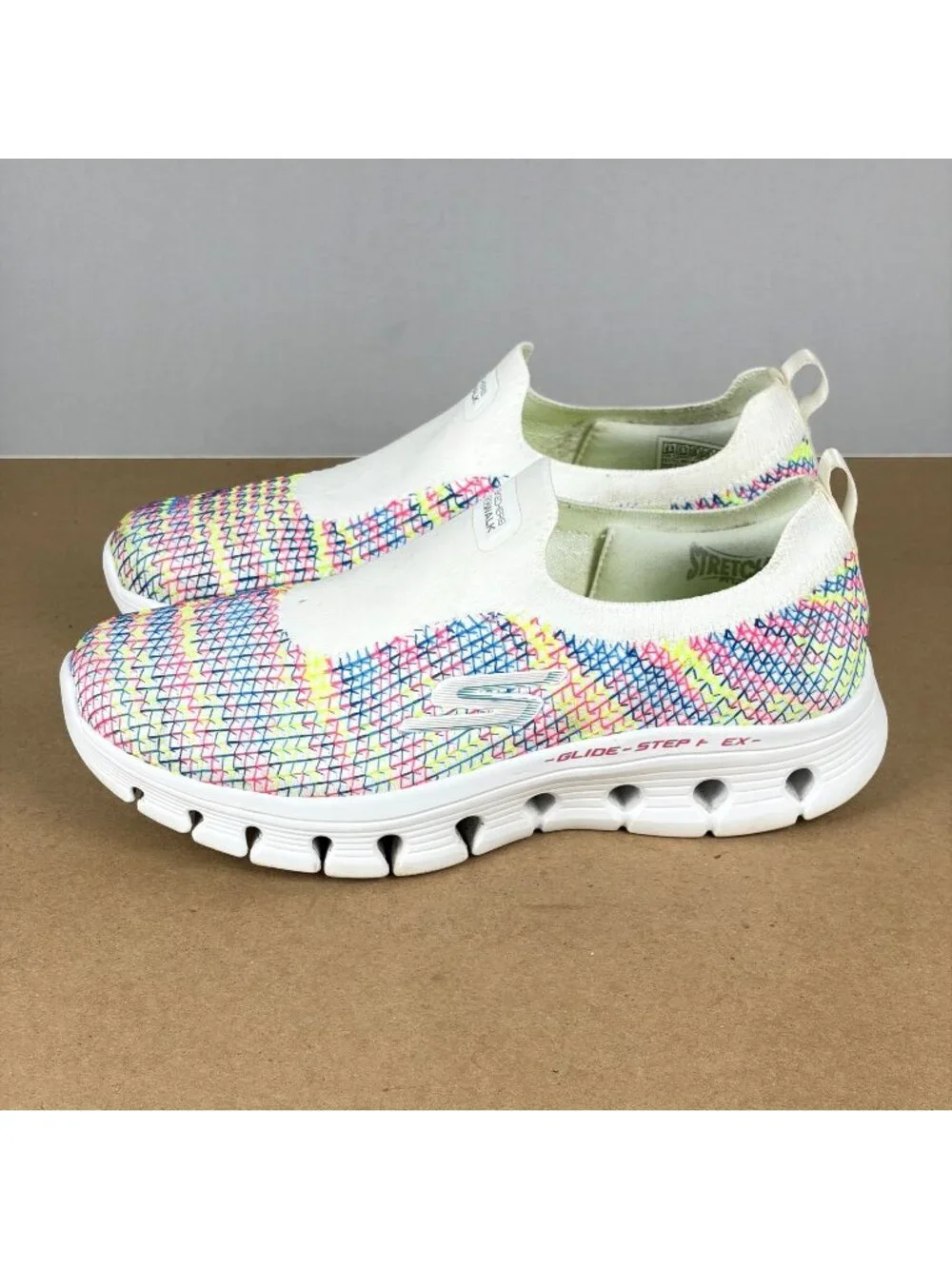 Skechers Go Walk Glide Step Flex Laceless Shoes Womens 8.5 White Multicolor Slip